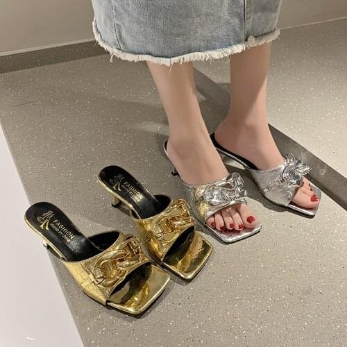 Fashion Women Sandals High Heels 2.56 Inches Beautiful Chain Sexy Slippers（Size 34-39