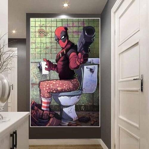 Superhero Cartoon Deadpool in Bathroom Canvas Print Painting Funny Toilet Humor Wall Art Print Poster Boy Bathroom Mural Decor