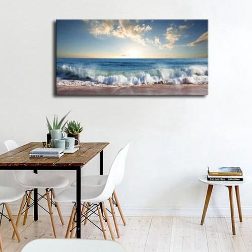 Beach Sunset Waves Coast Nature Picture Artwork Blue Ocean Canvas Wall Art Giclee Print Summer Season Painting for Home Decor