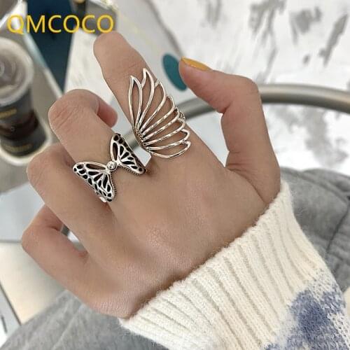 QMCOCO 925 Sterling Silver Party Rings New Fashion Creative Hollow Butterfly Wings Wedding Jewelry Gifts For Women