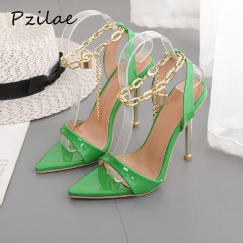 Pzilae Transparent PVC Summer Sandals Women Fashion Chain Ankle Strap Sexy Peep Toe Ladies Shoes Metal High Heels Wedding Shoes