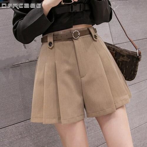Khaki Gray Casual Women Wide Leg Shorts With Belt 2021 High Waist Loose Summer Suit Short For Work Feminino