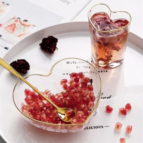 Glass Heart Shape Salad Bowl Stylish Golden Edge Water Mug Fruit Breakfast Food Container Dinnerware Transparent Cornmeal Bowl