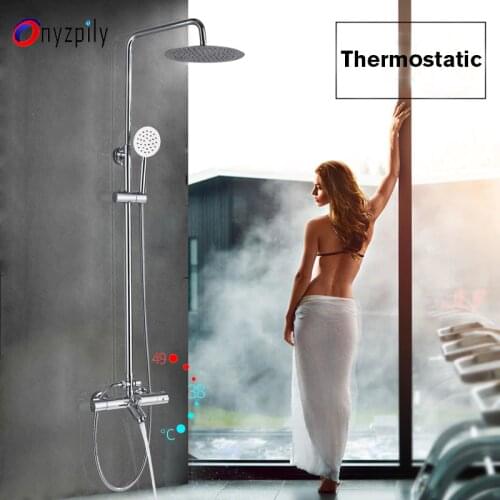 Thermostatic Shower Faucet Chrome Bathroom Bathtub 8'' 10'' Thermostatic Shower Dual Handles Hot Cold Water Tap Tub Spout Shower