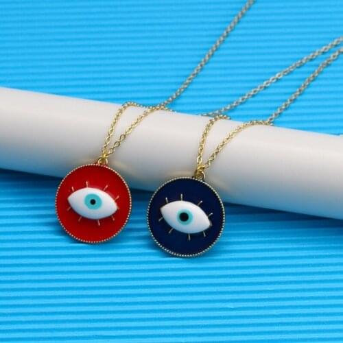 VSnow Hiphop Circle Geometric Demon Eye Pendant Necklace for Women Trendy Stainless Steel Enamel Metallic Necklace Jewellery