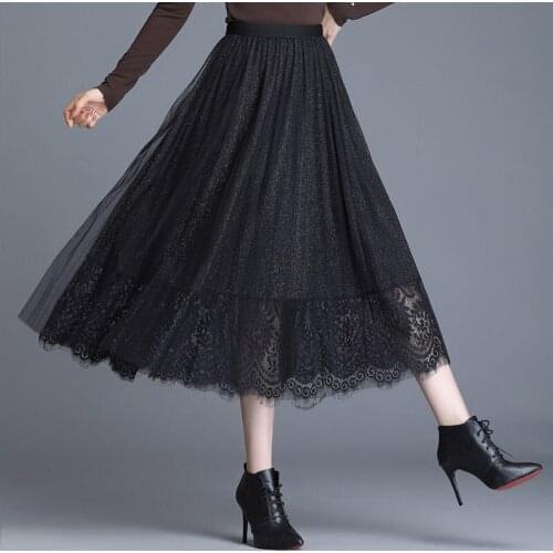 Wholesale Womens Spring 2021 New Fashion Bright Silk Pleated Skirt Korean Style High Waist Mesh Skirt Lace Spliced Jupe zh942