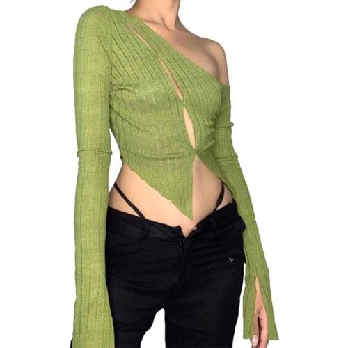 IMCUTE Y2K diagonal collar one-shoulder knitted long-sleeved T-shirt womens sexy hollow single-breasted perspective crop top