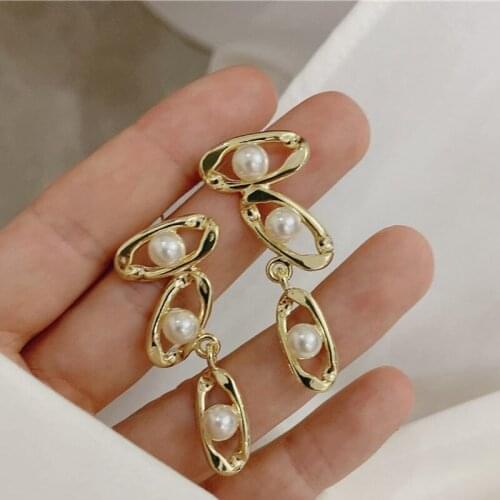 Origin Summer Temperament Oval Geometric Long Tassel Dangle Earring for Women Gold Color Imitation Pearl Hollow Earring Jewelry