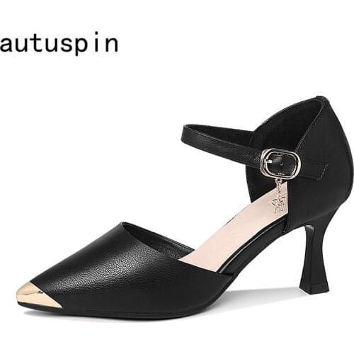 Autuspin Fashion Womens Pumps 2021 Autumn Women Top Quality Genuine Leather Comfortable Thin Heels Elegant Dress Shoes Handmade