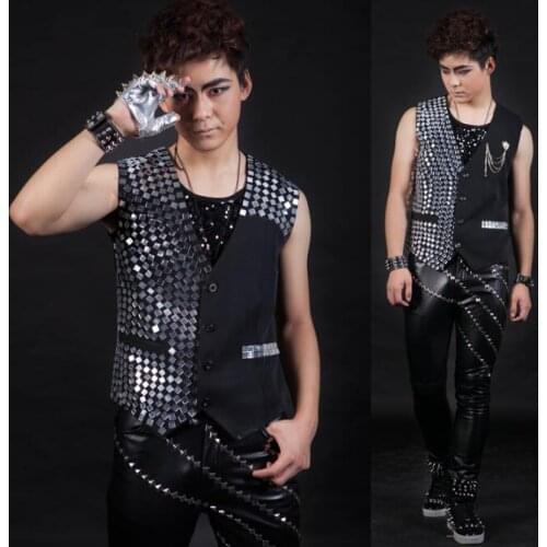 2020 summer style personality slim male sleeveless paillette vest men punk rock costumes singer dance stage star fashion black