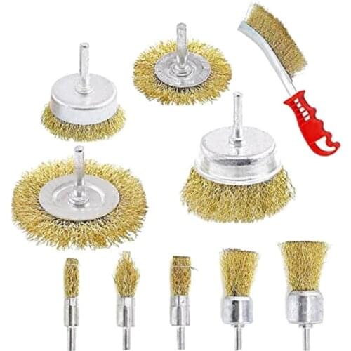 10 Pcs Wire Brush Set, Brass Coated Wire Brushes for Drill Paint Stripper Rust Remover Wire Wheel and Cup Brush Set