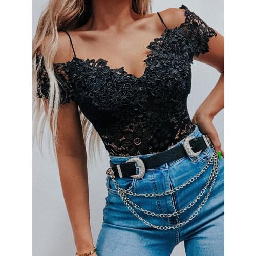 2021 Summer Women Casual Sexy Black Sling V Neck Short Sleeve Slim Fit Blouse Crochet Lace Cold Shoulder Skinny Top