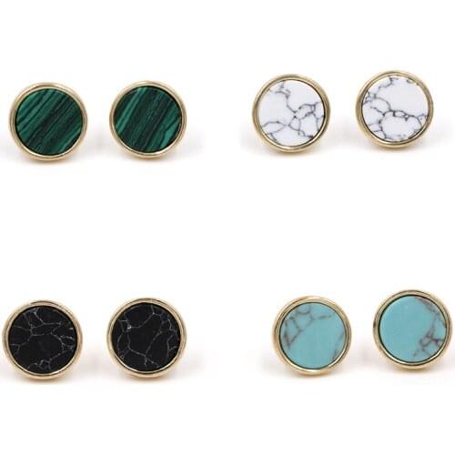 4 Colors 13mm Round Marble Stone Disc Stud Earrings