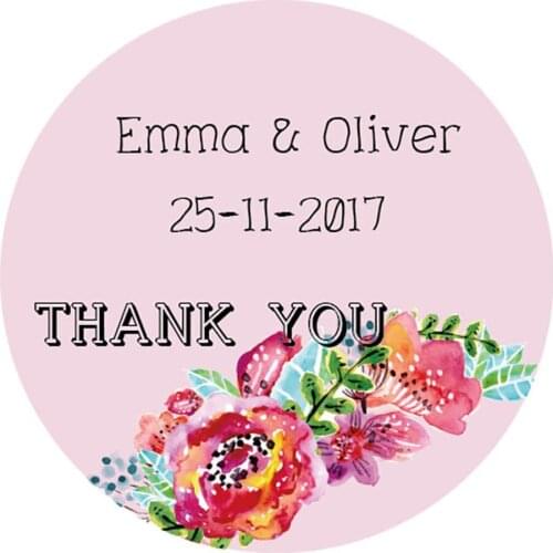 DouxArt 100 Pieces Custom Personalized, Wedding Stickers Thank You, 40mm Flowers Wedding Favors Communion Gift Box Labels P023