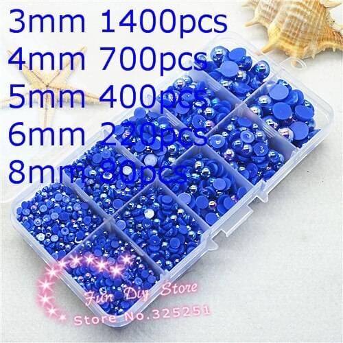 Dark blue AB color flat back pearl 3 4 5 6 8mm 2800pcs half pearl