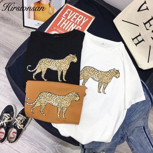 Hirsionsan Korean Summer Leopard T Shirt Women 2019 Cotton Loose O-Neck Short Sleeve Tees White Harajuku Black Punk Woman Tops