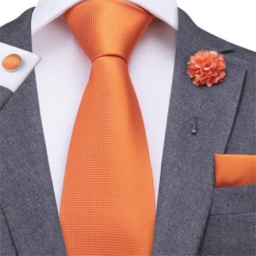 Hi-Tie 8.5cm Men Tie Solid Orange Neck Ties Set Boutonniere Pocket Square Cufflink Gift Box for Wedding Party Suit Cravat