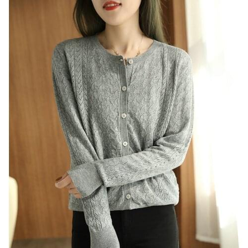 Autumn Women Cardigan Cashmere And Wool Knitted Hollow Out Sweater Jacket Coat Ladies O-neck Soft Thin Cardigan Woman Clothes