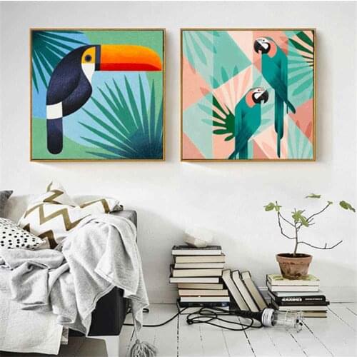 HAOCHU Painting Wall Art Parrot Tropics Animal Print Poster Birdcage Simple Wall Pictures Canvas For Living Room Decor