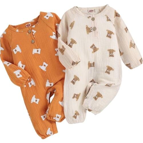 Baby Girls Boys Cartoon Jumpsuit, Toddlers Autumn Creative Little Bear Printing Front Button Long Sleeve Round Collar Romper