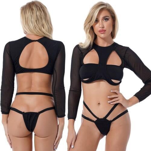Two Piece Set Fashion Women See-Through Mesh Swimming Suit Swimwear O Neck Long Sleeve Cutout Crop Top with Thongs Bikini Bottom