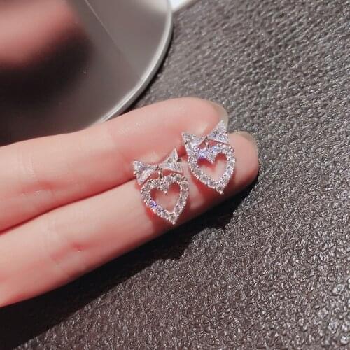 Korea Fashion Cute 925 Sterling Silver Bow Love Shiny Zircon Stud Earrings Earrings for Women Zircon Earrings