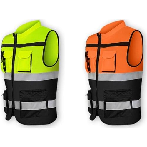 Multi-pockets High Visibility Zipper Front Safety Vest with Reflective Strips