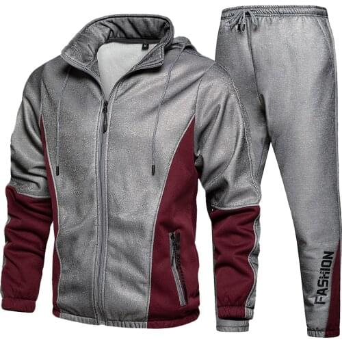 Mens Hooded Sweatshirt Suit Youths Casual Sports Long Sleeve Stand Collar Patchwork Hoodies with Drawstring Pencil Trousers