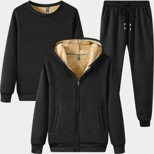Mens winter plush thickening casual sports suit mens hooded cardigan three-piece suit Sweatshirt +pants Zipper Mens Clothing