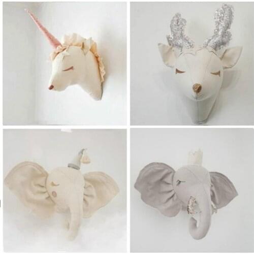 Nursery Animal Heads Wall Decoration For Kids Baby Room Wall Mount Hanging Stuffed Elephant Deer Unicorn Head Toys Home Decor