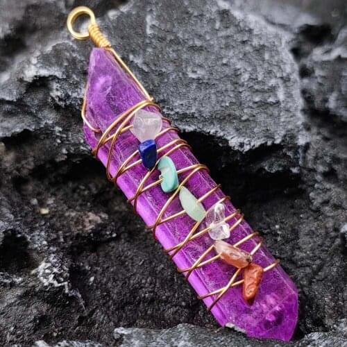 Natural Chakra Beads Orgone Energy Plating Amethysts Crystal Pillar Wire Wrap Handmade Pendulum Pendants Wholesale