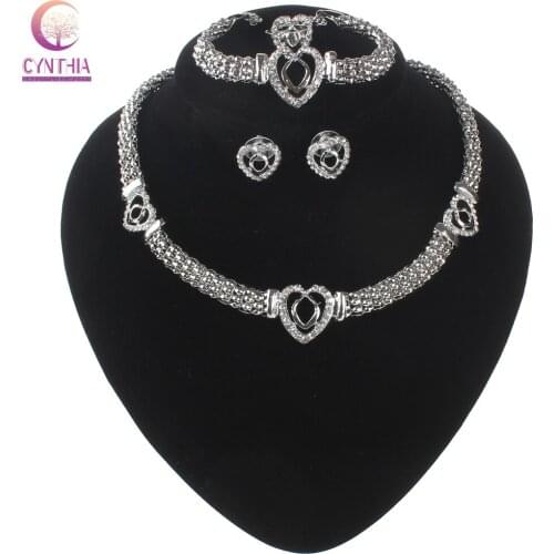 Nigerian Wedding African Beads Zinc Alloy Jewelry Sets Dubai Jewelry Sets Heart Shaped Necklace Bracelet Earrings Ring Sets