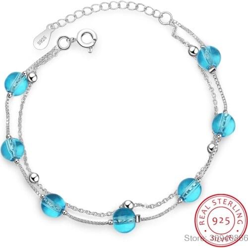 New Fashion Double Layer Blue Crystal 925 Sterling Silver Jewelry Personality Sweet Transfer Beads Bracelets SB166