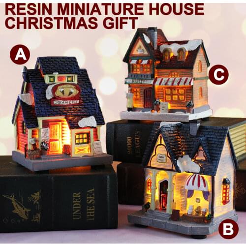 Christmas Scene Village House Resin Luminous LED Snow House for Home Winter Xmas Party Miniature Ornaments Decor