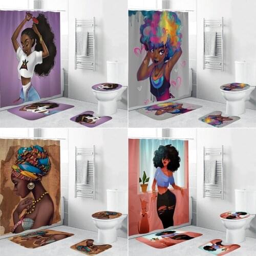 Sexy Lovely Girl Bathroom Curtains Afro Lady Comb Hair Shower Curtain African American Toilet Cover Bath Mat Non-Slip Rug Set