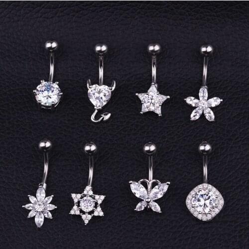 Silver 1Pc Steel Crystal Zircon Flower Heart Butterfly Belly Button Rings Nipple Tongue Septum Piercing For Women Body Jewelry