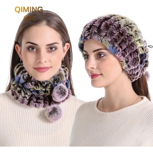 New Rex Rabbit Fur Scarf Pom Pom Hat Dual-use Female Winter Warm Multi-function Pullover Hat Autumn Cap Beanies Ponytail Beanie