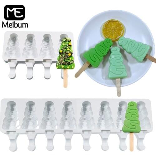 Meibum Christmas Tree Shape Silicone Ice Cream Moulds Popsicle Molds 4/8 Cavity Child Dessert Cube Tray Summer Kitchen Tools
