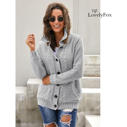 LovelyFox New Wrap Turtleneck Sweater Autumn Women Lady High Elastic Pullovers Long Sleeve Button-up Fur Hood Knit Sweater