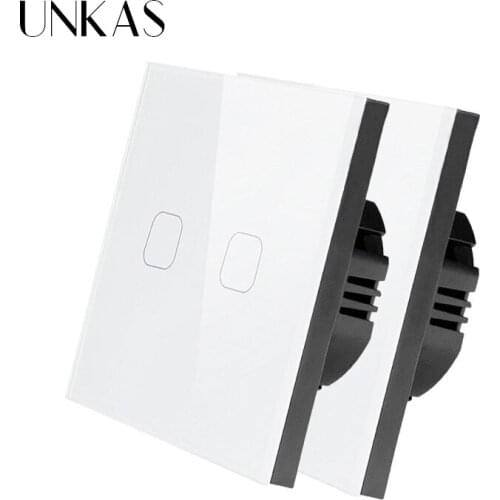 UNKAS AC220V, 1/2/3 Gang 1Way Light Wall Touch Screen Switch EU standard Touch Switch Crystal Glass Panel Touch Switch, 2 pcs
