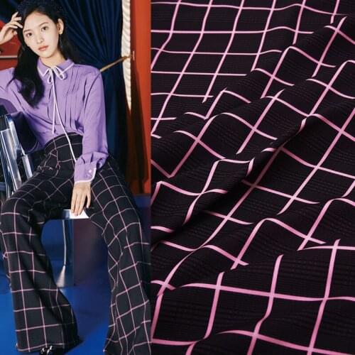 145cm Width Fashion Pink and Black Lattice Printed Stretch Polyester Fabric For Woman Summer Dresses Blouse Pants DIY Sewing