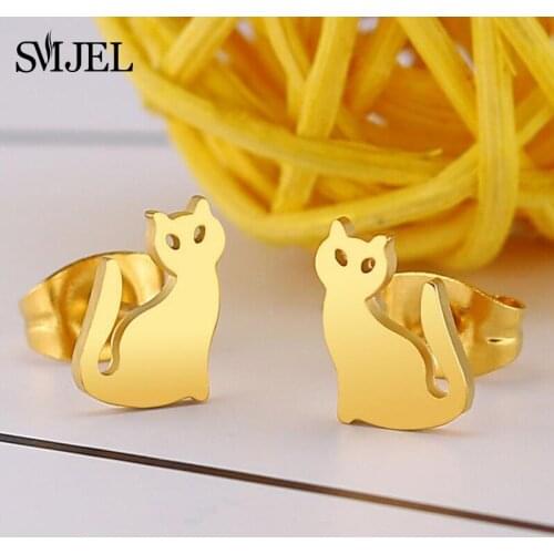 SMJEL Tiny Cute Cat Earrings for Women Stainless Steel Jewelry Kpop Accessories Karren Stud Earring Girl Birthday Gift