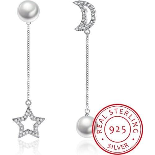 New Pearl Shiny Zirconia Star Moon Design 925 Sterling Silver Dangle Earrings For Women Girls Fine Jewelry