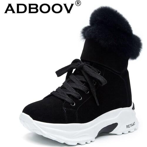ADBOOV Cow Suede Fur Snow Boots Women Genuine Leather Furry Ankle Boots High Top Winter Shoes Woman