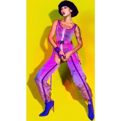 Stage Costume Women Purple Sexy Bodysuit Open Crotch Pants Nightclub Jazz Dancer Clothes Hip Hop Rave Outfit Bar Wear DN5561