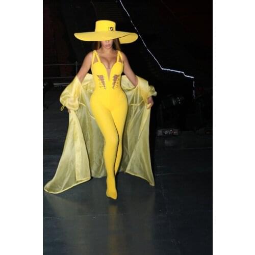 2019 New Women jumpsuit yellow V-neck sleeveless Knitted bodycon Rompers Celebrity evening party Bandage jumpsuits