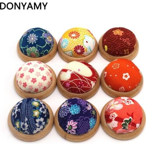 DONYAMY Wooden Base Needle Cushion/Pad With Printed Floral Pattern Fabric Cover/Accessory Tools for DIY Sewing/Needlework