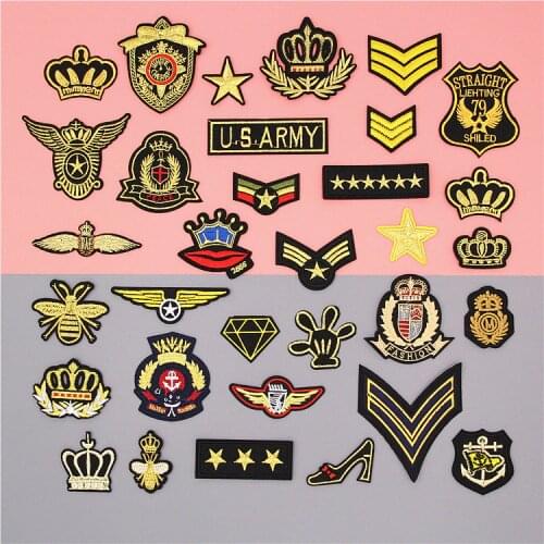 1pc Fashion Crown Bee Military Army Rank Embroidery Patches for Clothing Iron on Clothes Biker Garment Appliques Badge Sticker