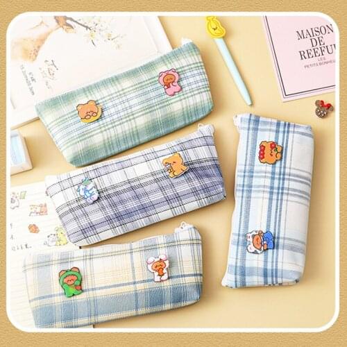 Zipper Pencil Case Pocket Canvas Check Pattern Handy Pen Holder Bag Large Capacity for Makeup Brush Stationery Pencil Bags Cases