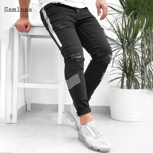 Slim Destroyed Hole Fit Jeans Men Fashion Street Style Denim Pants Mens Stretchy Ripped Biker Embroidery Print Scratched Jeans